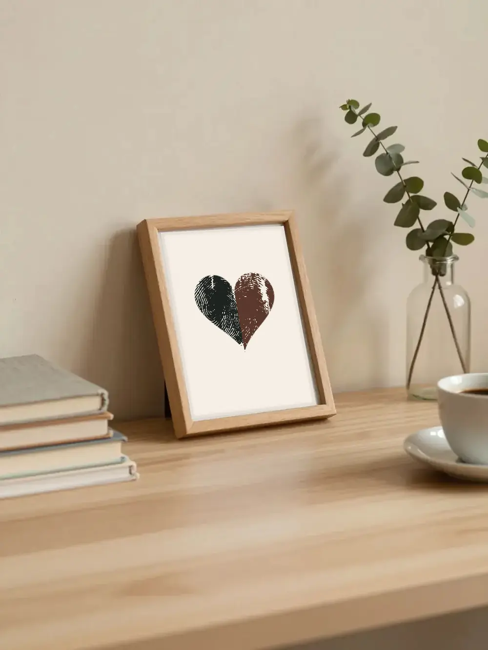 Split fingerprint heart in a small wooden frame on a desk beside books and eucalyptus