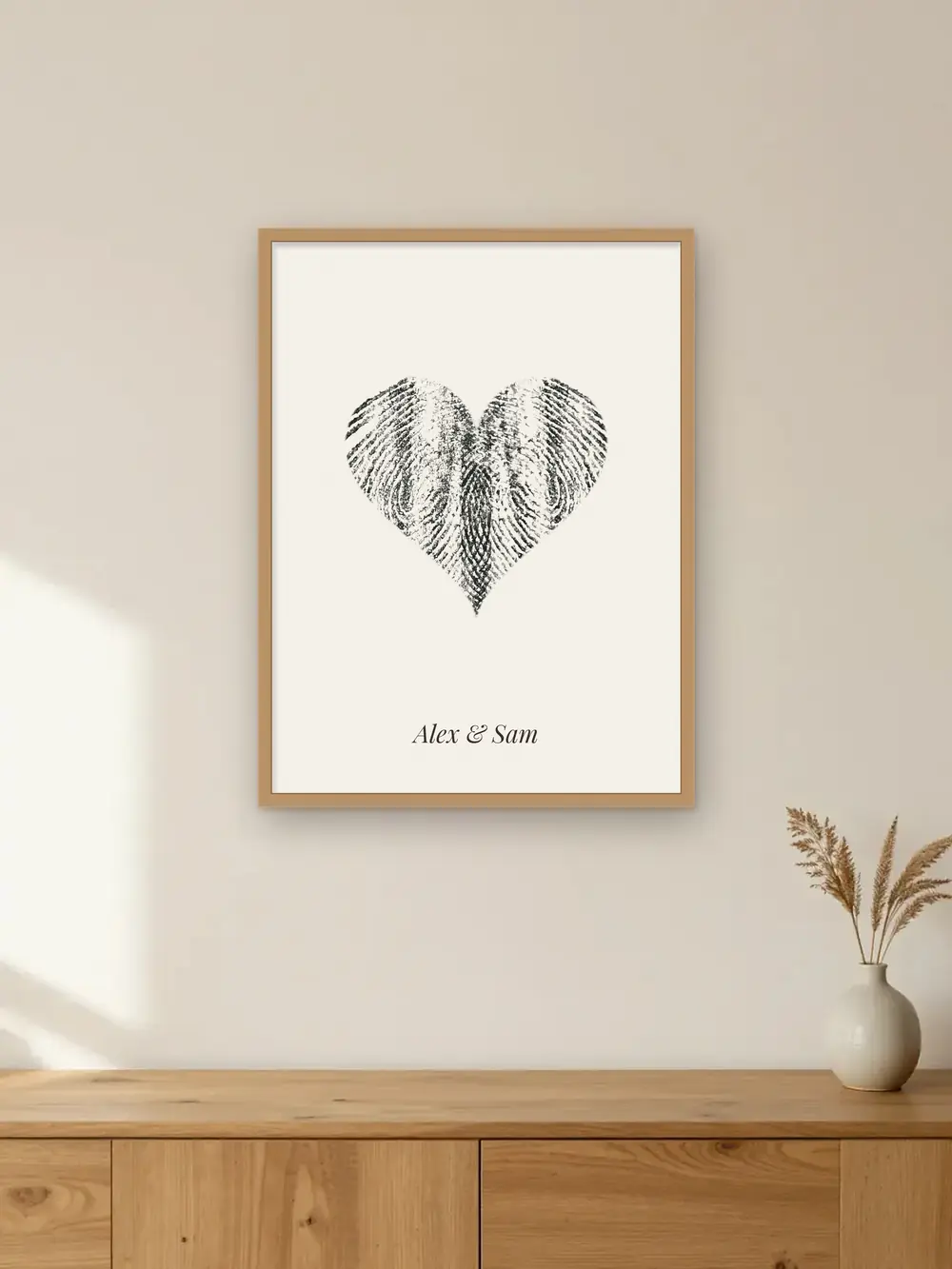 Mockup of a fingerprint heart: oak frame