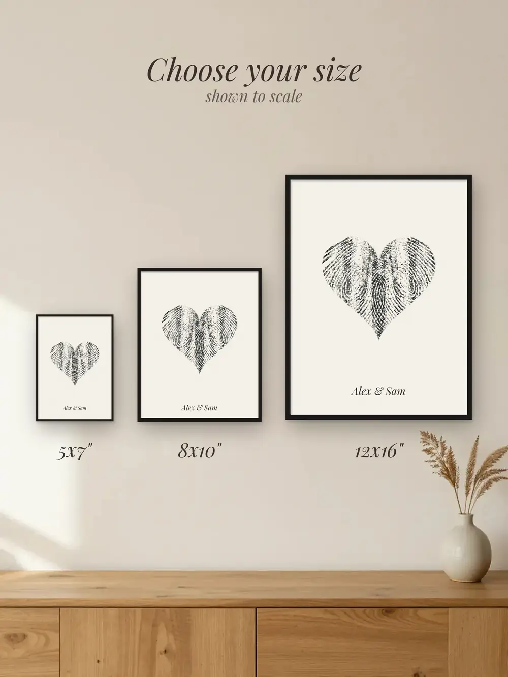 The 5×7, 8×10 and 12×16 in prints side by side on a wall, shown to scale
